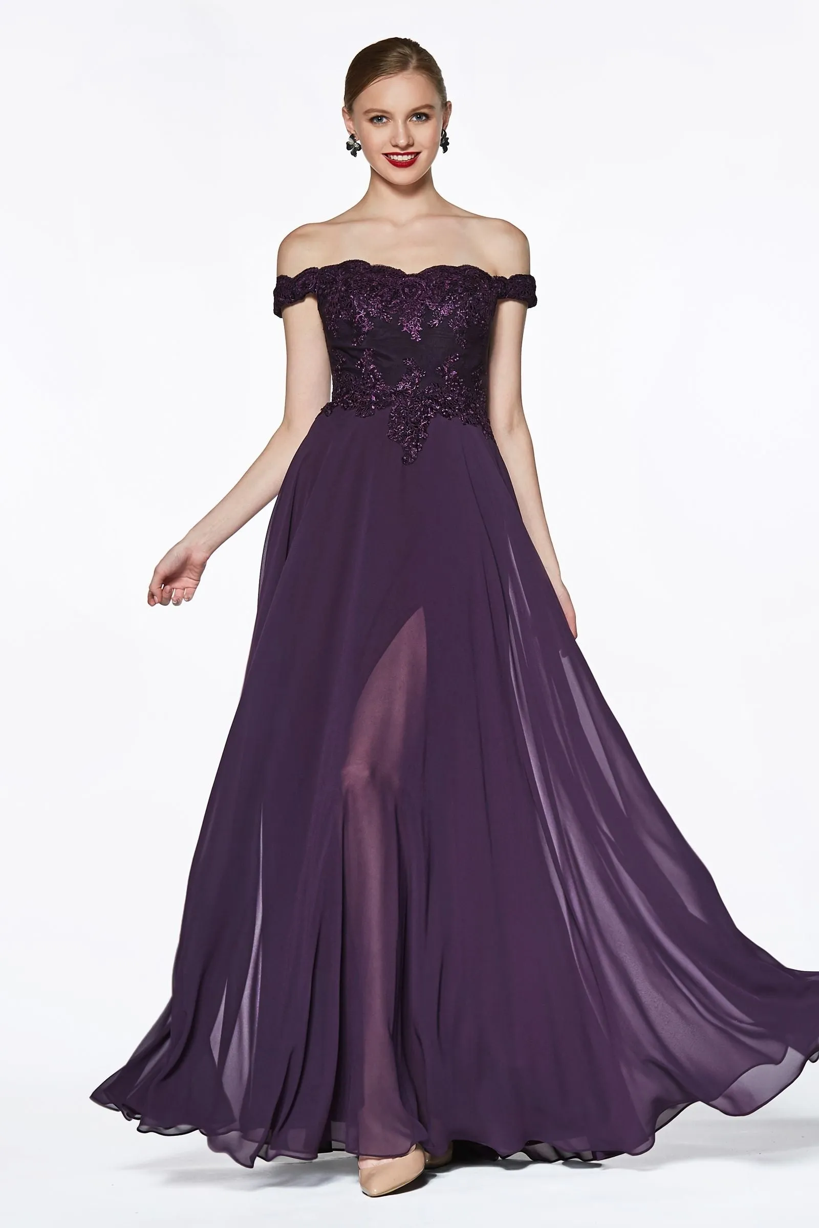 Off-shoulder lace-bodice gown with chiffon skirt & leg slit