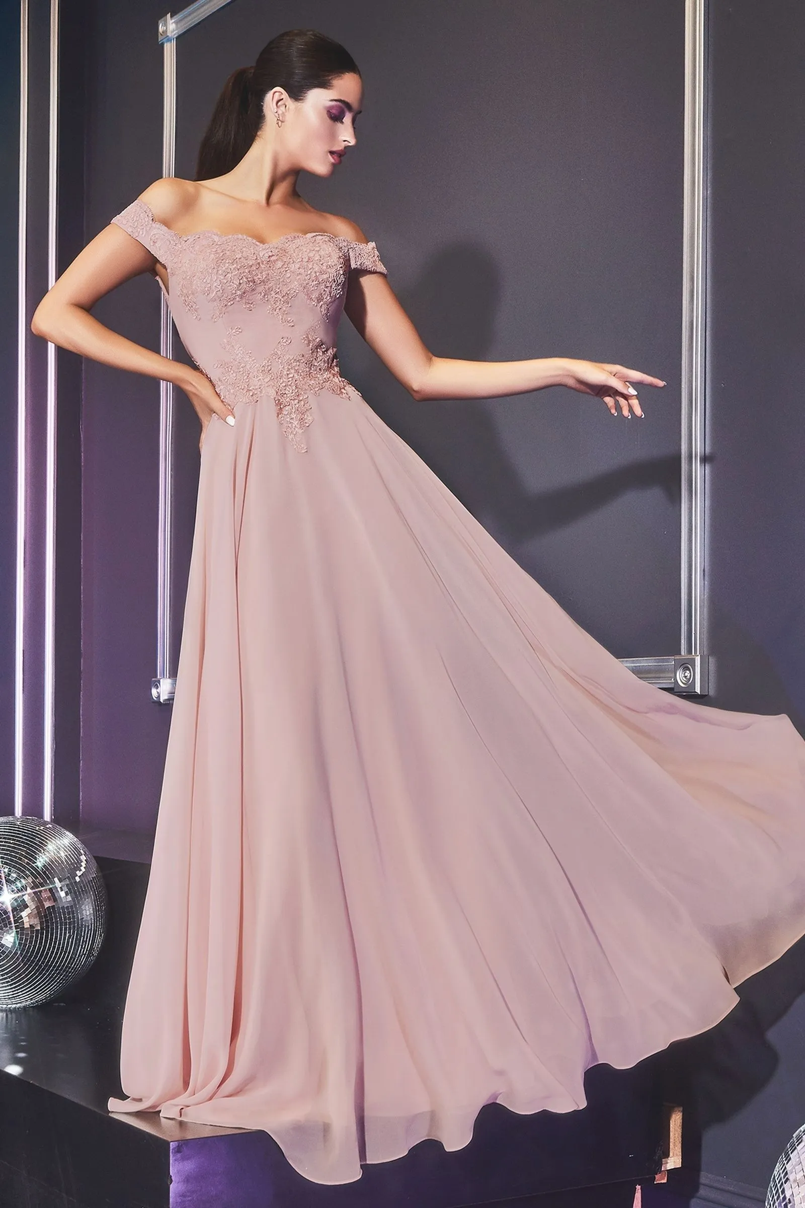 Off-shoulder lace-bodice gown with chiffon skirt & leg slit