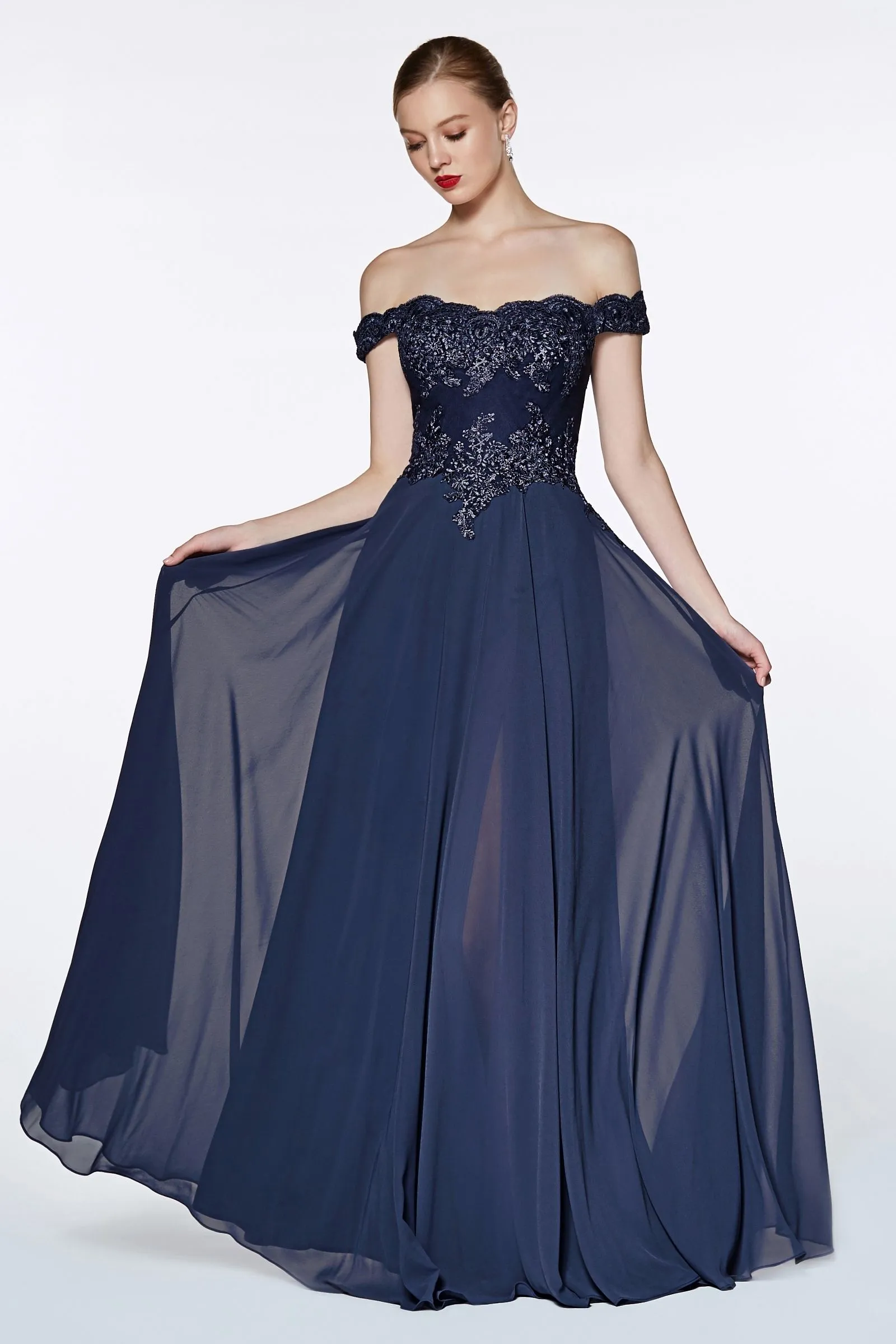Off-shoulder lace-bodice gown with chiffon skirt & leg slit