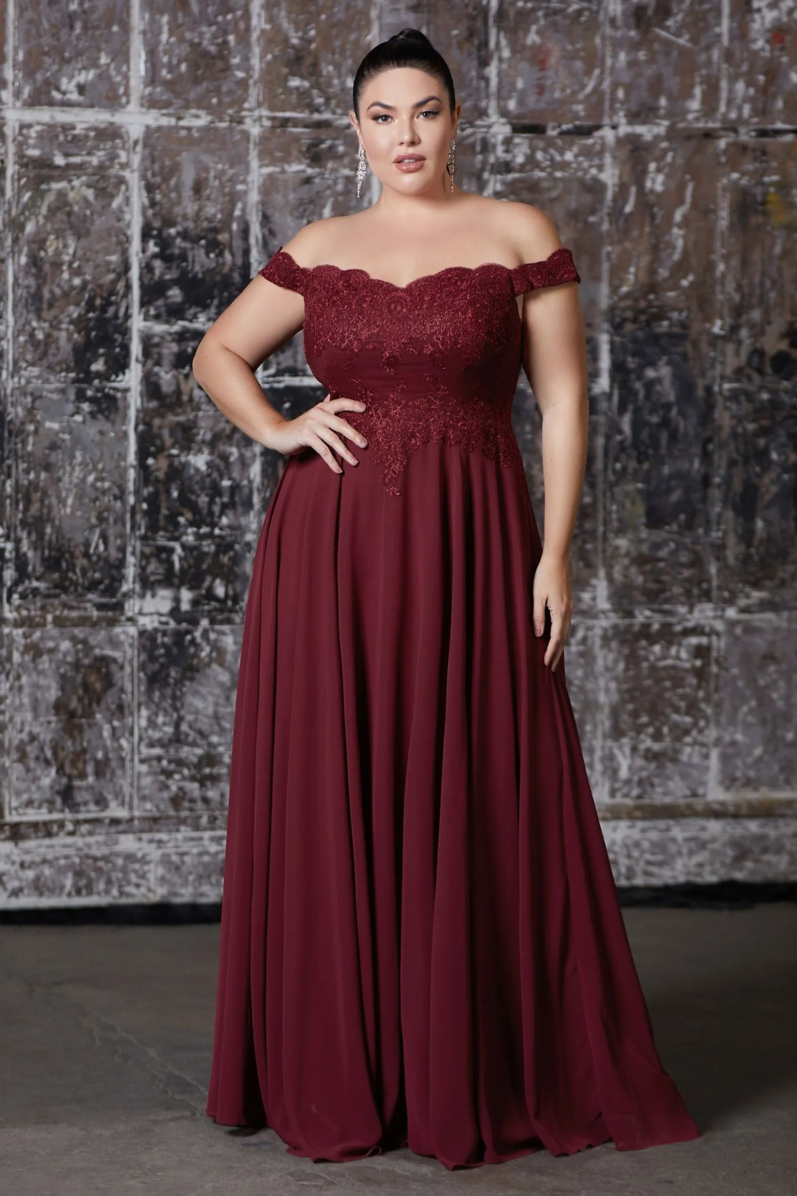 Off-shoulder lace-bodice gown with chiffon skirt & leg slit