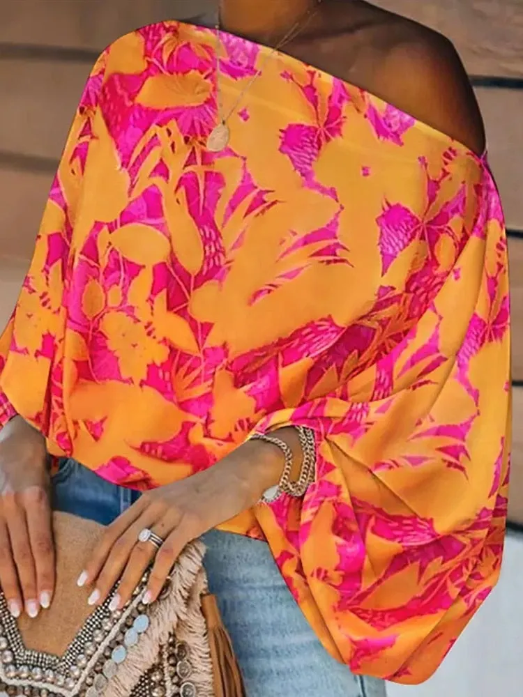 Off-Shoulder Printed Loose Blusa Pullover Tops