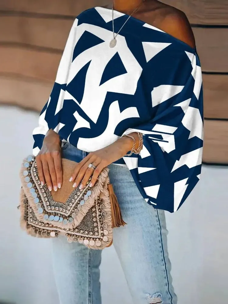 Off-Shoulder Printed Loose Blusa Pullover Tops