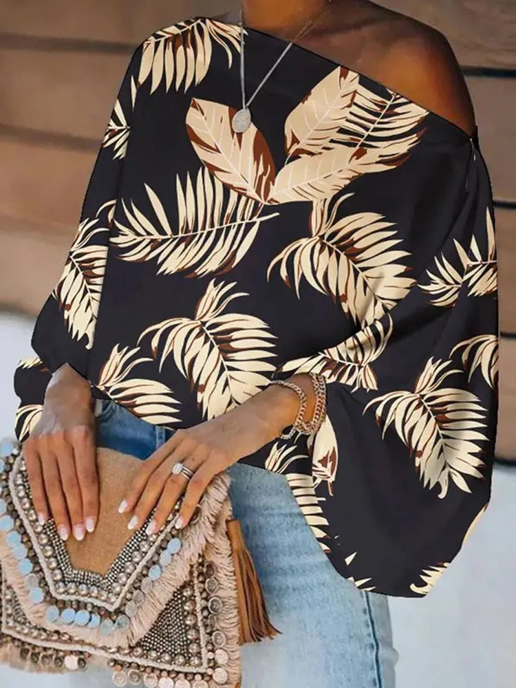 Off-Shoulder Printed Loose Blusa Pullover Tops