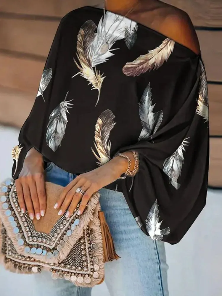 Off-Shoulder Printed Loose Blusa Pullover Tops