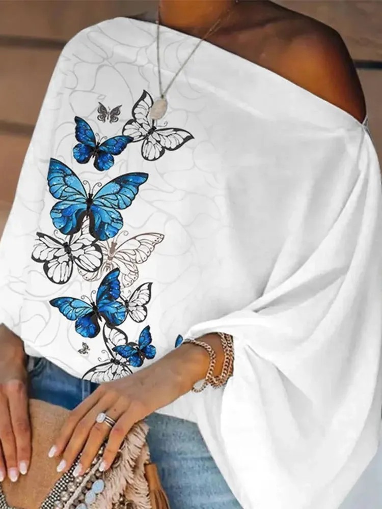 Off-Shoulder Printed Loose Blusa Pullover Tops