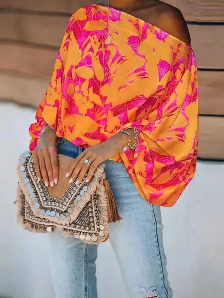Off-Shoulder Printed Loose Blusa Pullover Tops