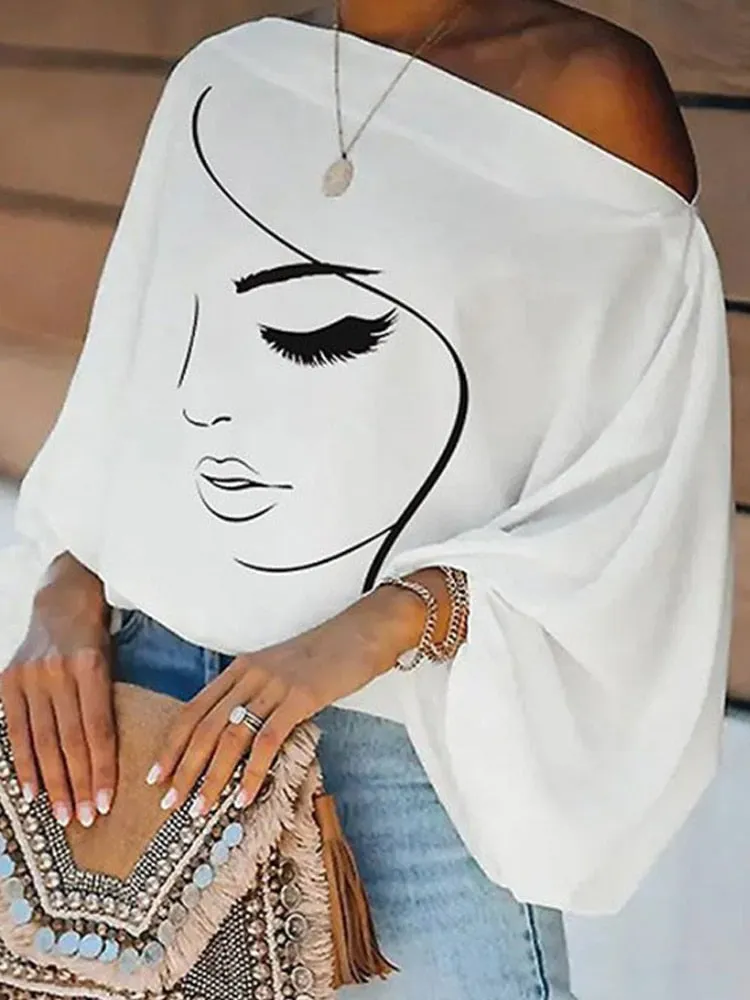 Off-Shoulder Printed Loose Blusa Pullover Tops