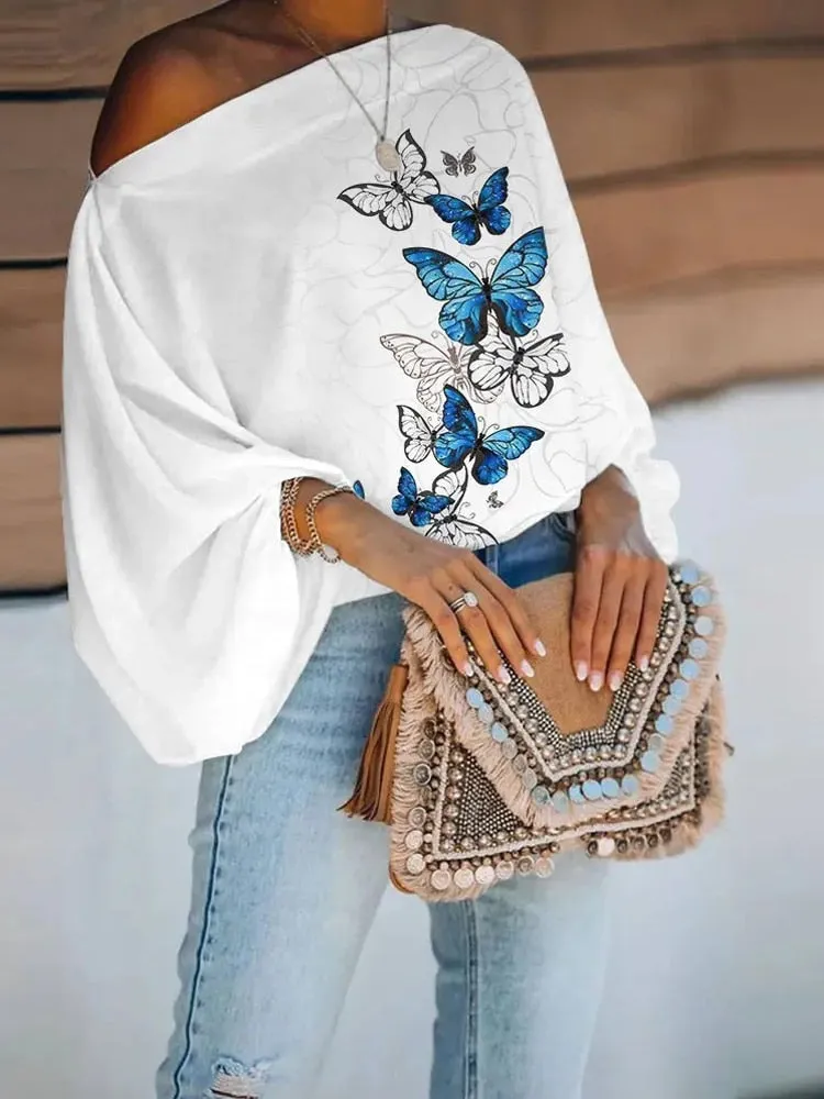 Off-Shoulder Printed Loose Blusa Pullover Tops