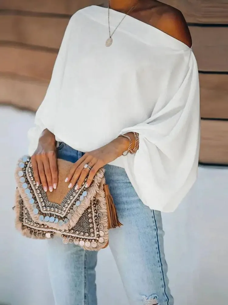 Off-Shoulder Printed Loose Blusa Pullover Tops