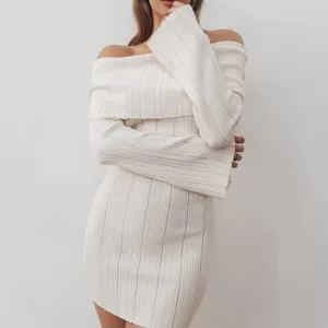 Off-Shoulder Ribbed Knit Long Sleeve Mini Dress - Elegant Slim Fit