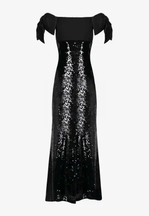 Off-Shoulder Sequined Bow Gown