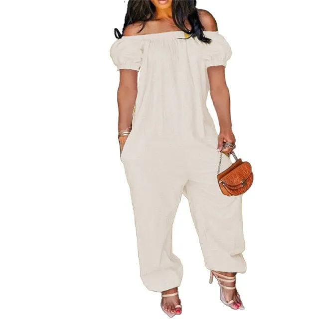 Off Shoulder Solid Short Sleeve Loose One Piece Jumpsuit