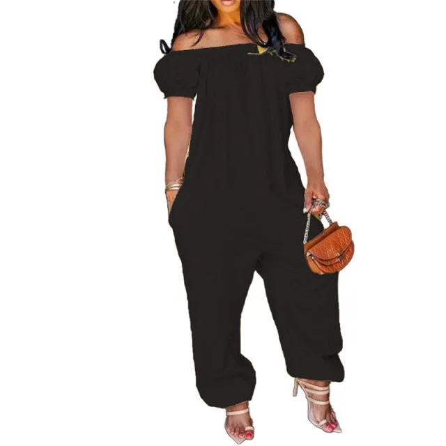 Off Shoulder Solid Short Sleeve Loose One Piece Jumpsuit