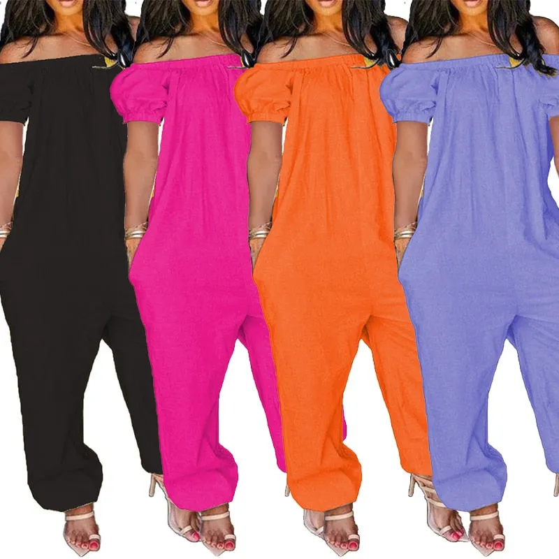 Off Shoulder Solid Short Sleeve Loose One Piece Jumpsuit