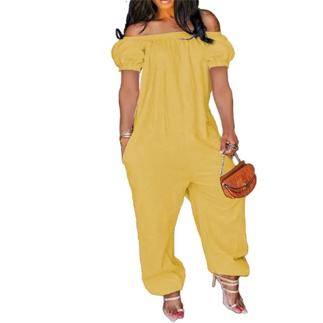 Off Shoulder Solid Short Sleeve Loose One Piece Jumpsuit