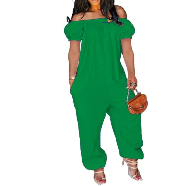 Off Shoulder Solid Short Sleeve Loose One Piece Jumpsuit