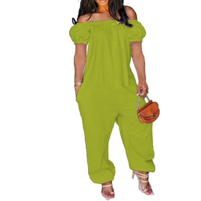 Off Shoulder Solid Short Sleeve Loose One Piece Jumpsuit