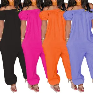 Off Shoulder Solid Short Sleeve Loose One Piece Jumpsuit