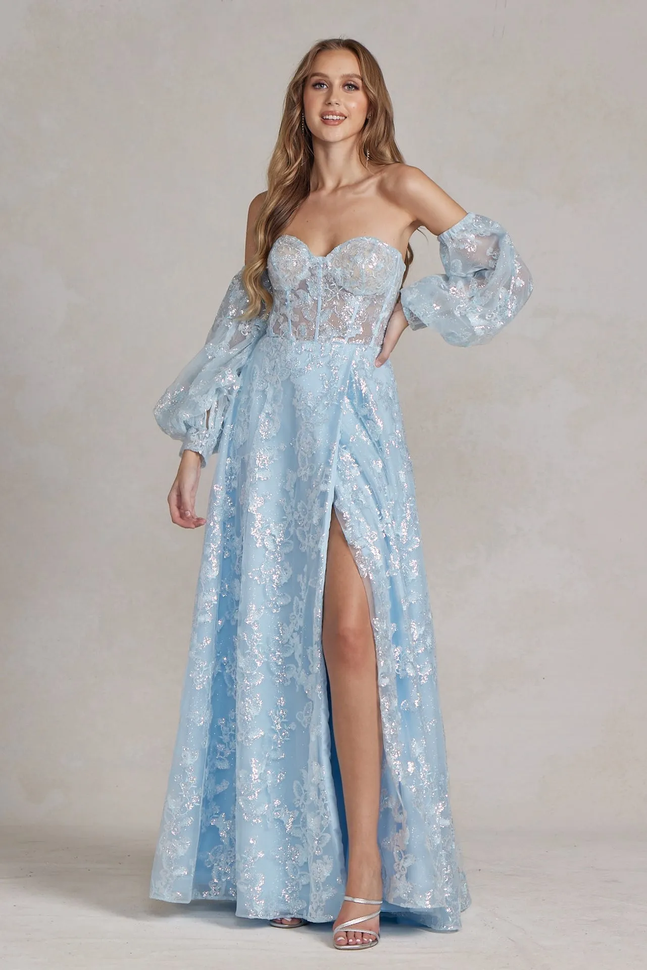 Off Shoulder Sweetheart Sheer Bodice Side Slit Open Back Long Prom Dress NXK1155