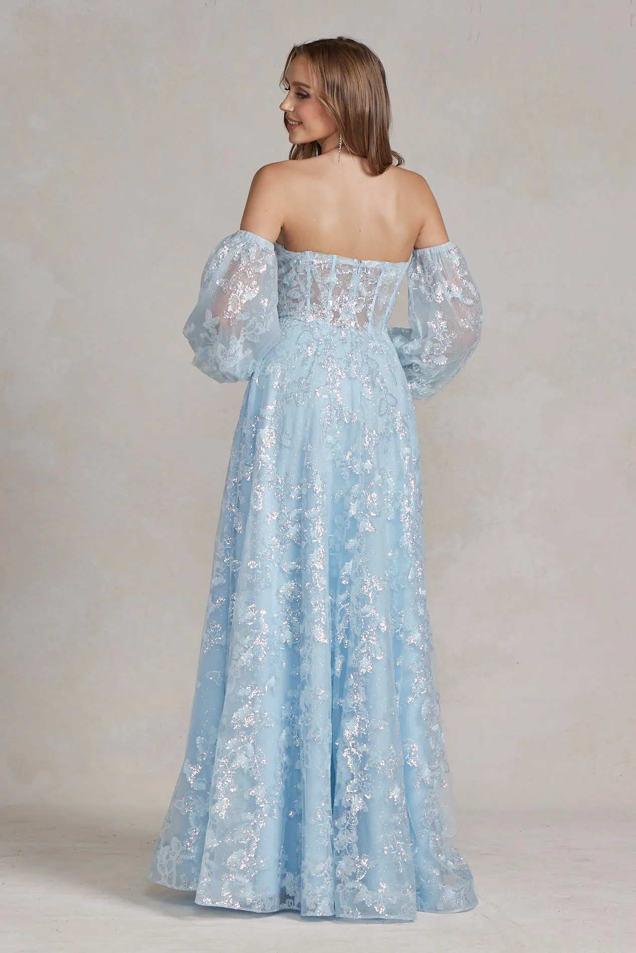 Off Shoulder Sweetheart Sheer Bodice Side Slit Open Back Long Prom Dress NXK1155