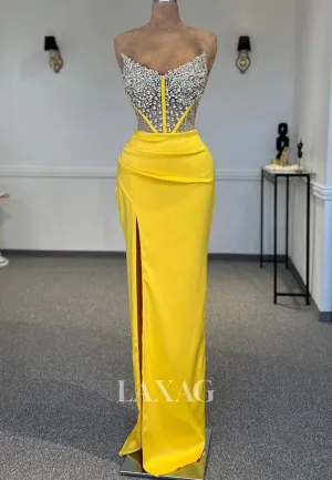 Off-Shoulder V-Neck Beaded Rhinestone Mermaid Prom Dress Sleeveless Pleated High Slit Formal Gowns