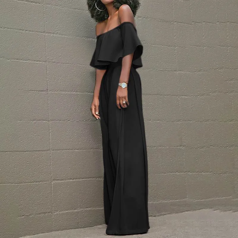 Off-Shoulder Waisted Layered Ruffled Long Romper