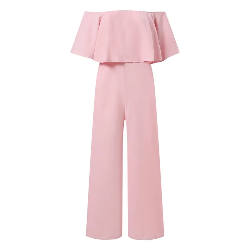 Off-Shoulder Waisted Layered Ruffled Long Romper