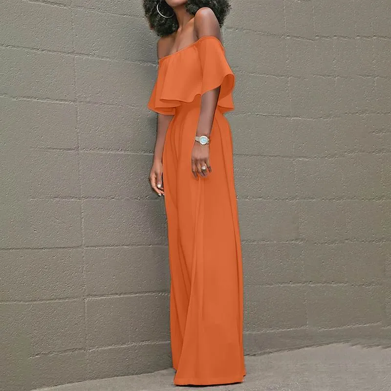 Off-Shoulder Waisted Layered Ruffled Long Romper