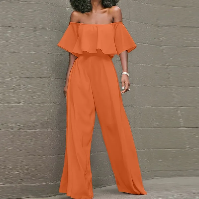 Off-Shoulder Waisted Layered Ruffled Long Romper