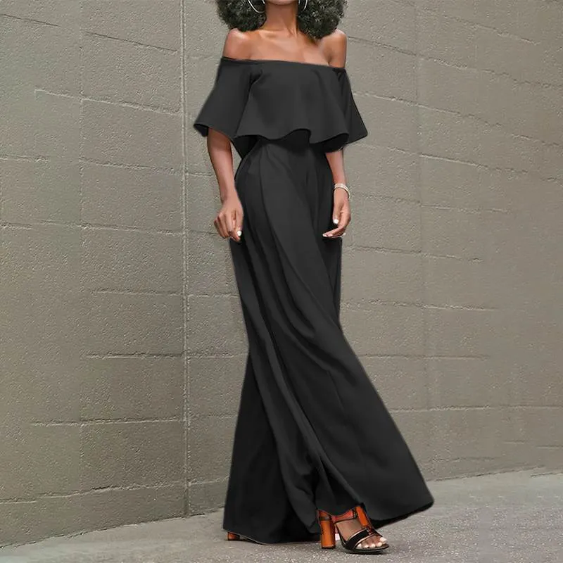 Off-Shoulder Waisted Layered Ruffled Long Romper