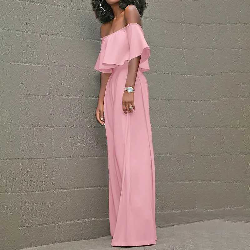 Off-Shoulder Waisted Layered Ruffled Long Romper