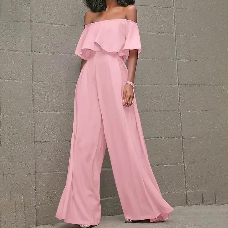Off-Shoulder Waisted Layered Ruffled Long Romper