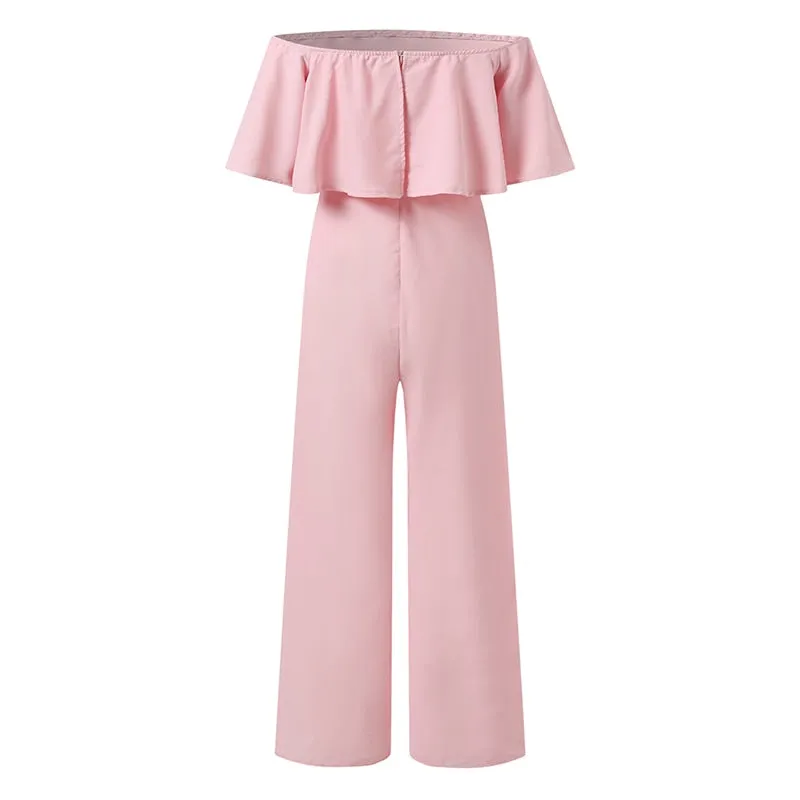 Off-Shoulder Waisted Layered Ruffled Long Romper