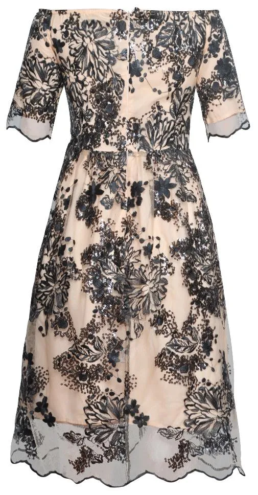 Off-the-Shoulder Embellished Mesh-Overlay Dress
