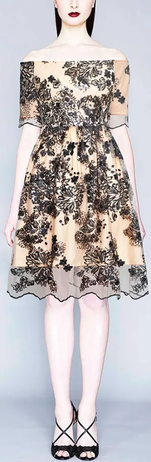 Off-the-Shoulder Embellished Mesh-Overlay Dress
