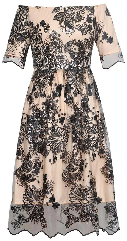Off-the-Shoulder Embellished Mesh-Overlay Dress