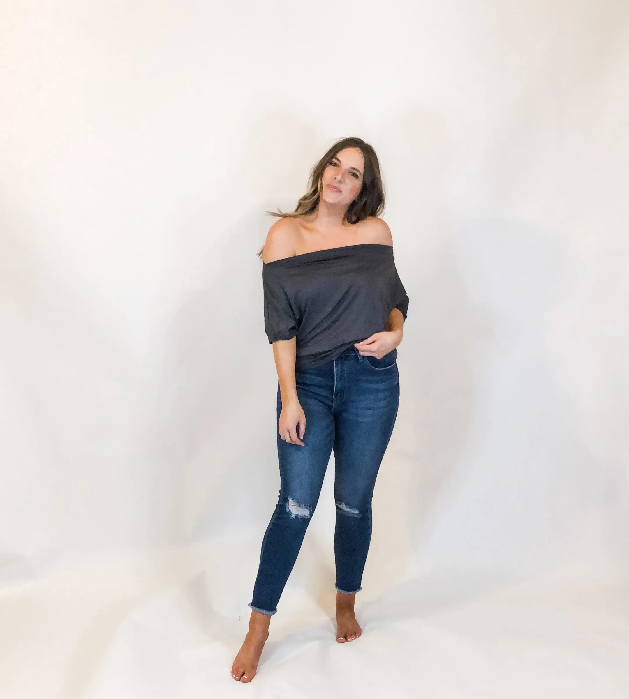 off the shoulder solid top - charcoal (wear it three ways)