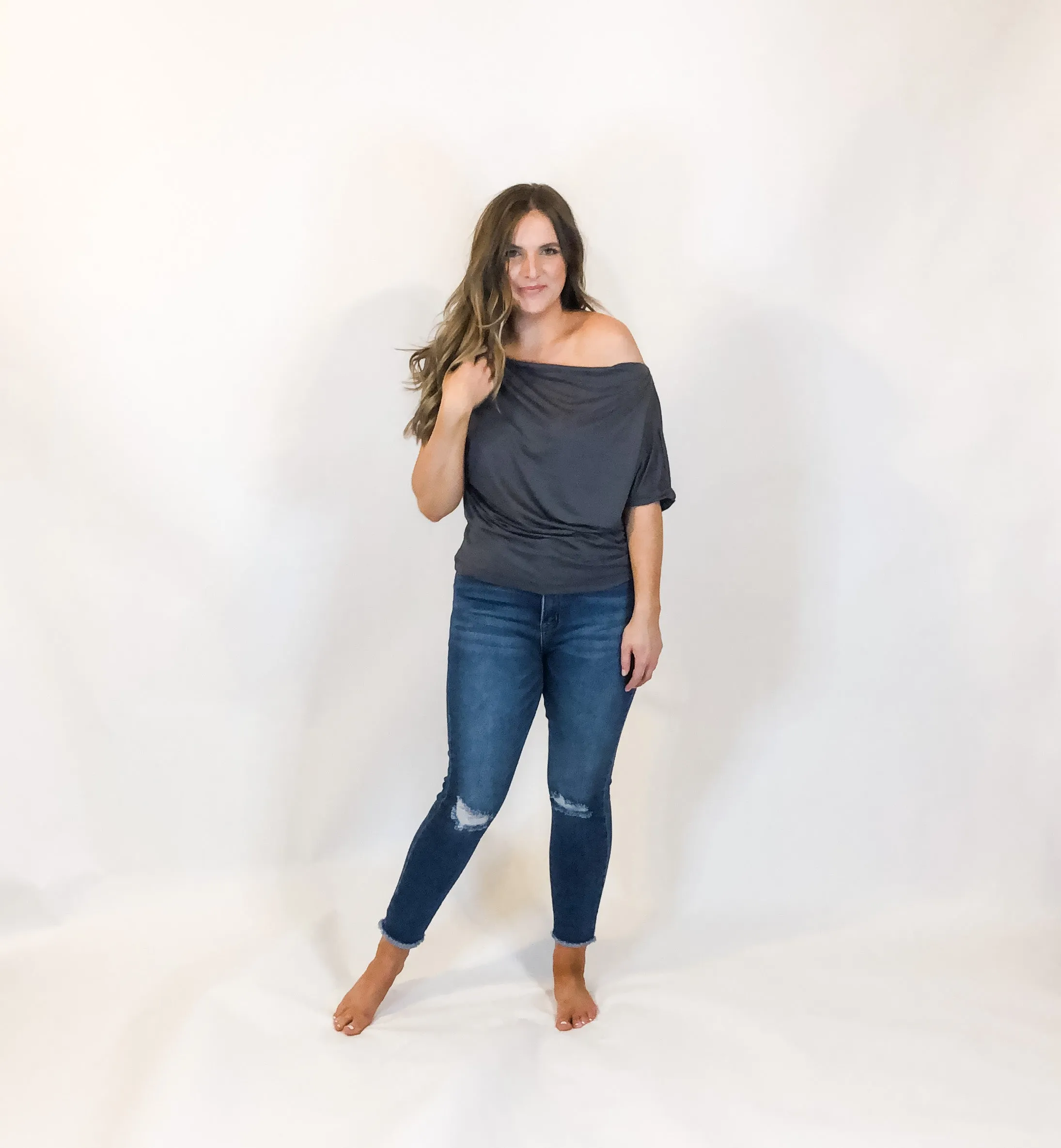 off the shoulder solid top - charcoal (wear it three ways)