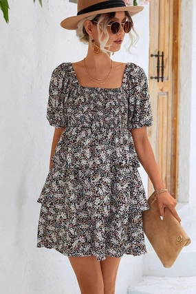 OFF SHOULDER SQUARE NECK FLORAL TIERED DRESS OFF SHOULDER SQUARE NECK FLORAL TIERED DRESS