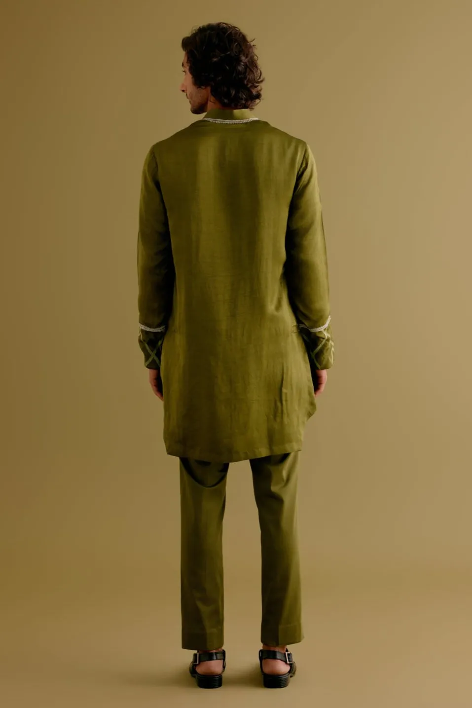 Olive Green Silk Satin Dori Embroidered Kurta Set