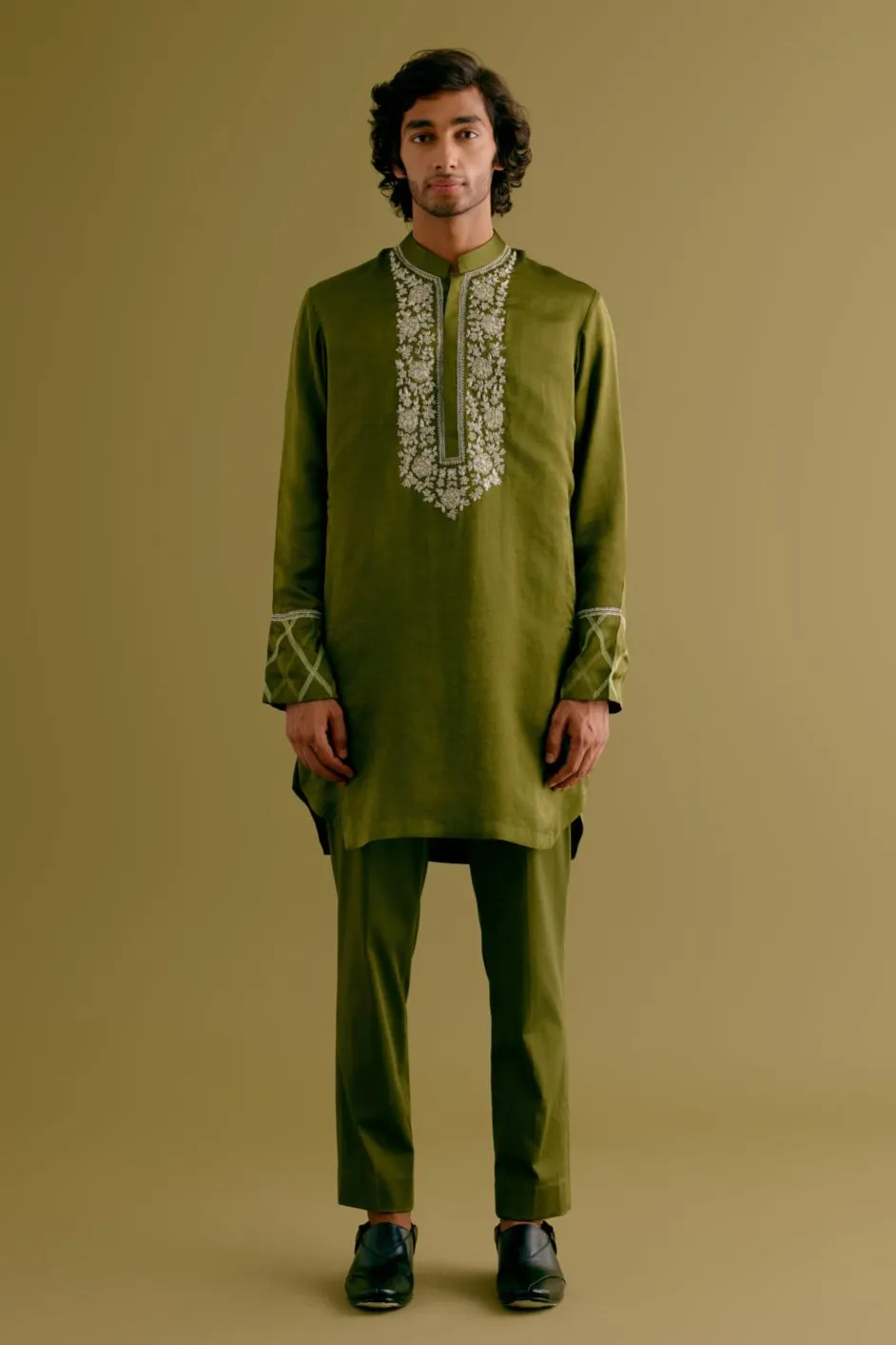 Olive Green Silk Satin Dori Embroidered Kurta Set
