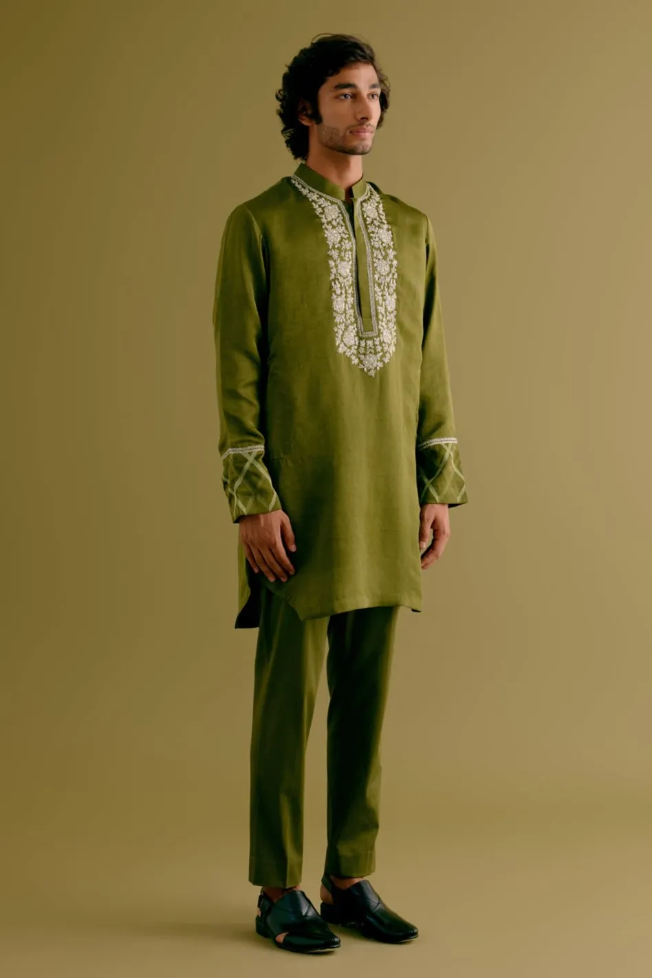 Olive Green Silk Satin Dori Embroidered Kurta Set