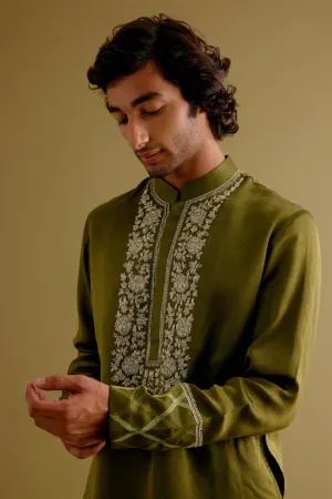 Olive Green Silk Satin Dori Embroidered Kurta Set