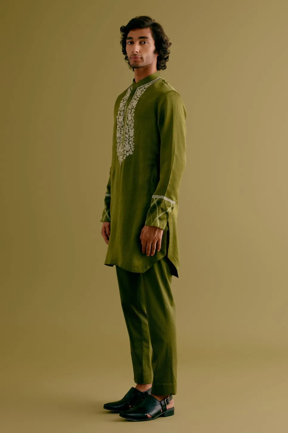 Olive Green Silk Satin Dori Embroidered Kurta Set