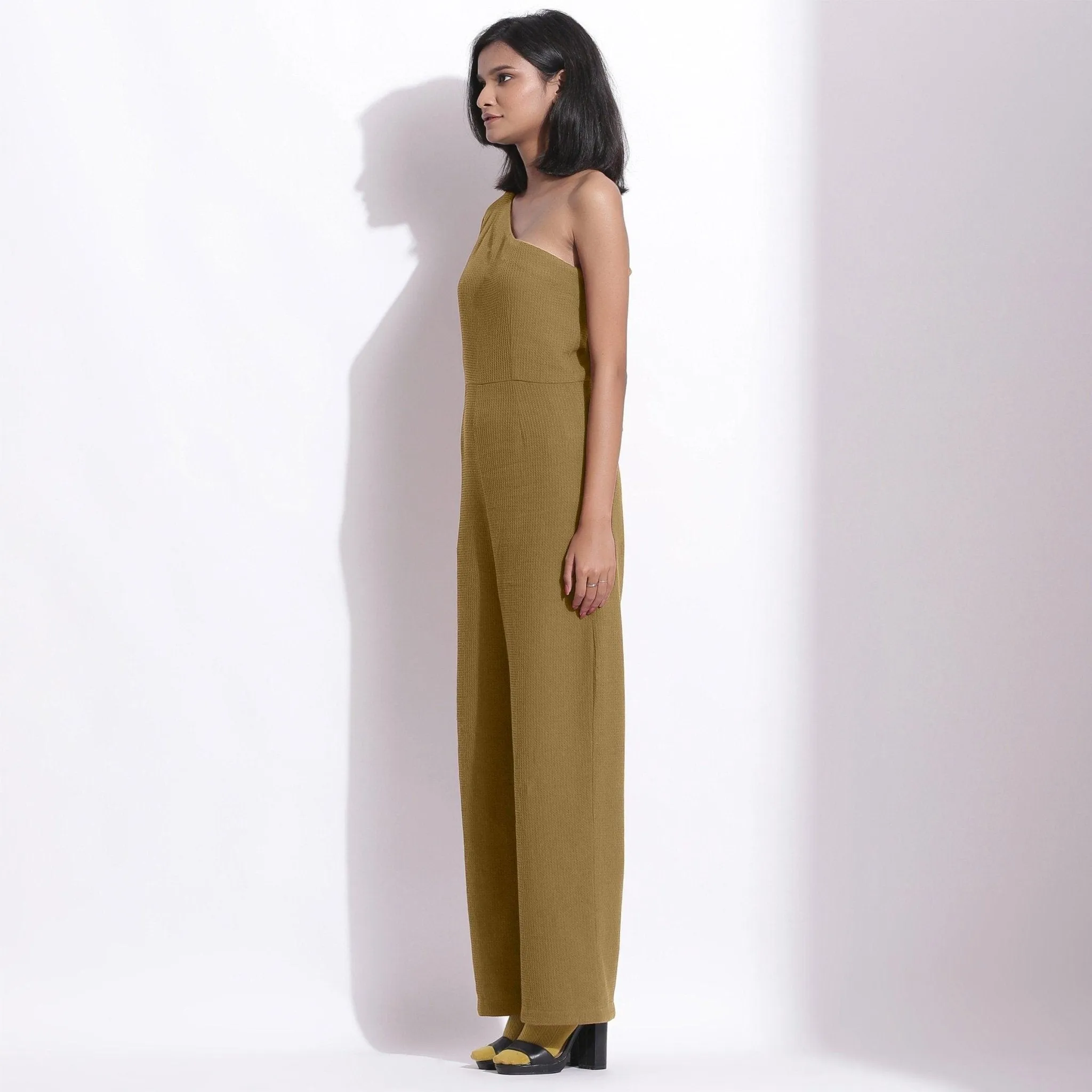 Olive Green Warm Cotton Waffle Ankle Length One-Shoulder Jumpsuit
