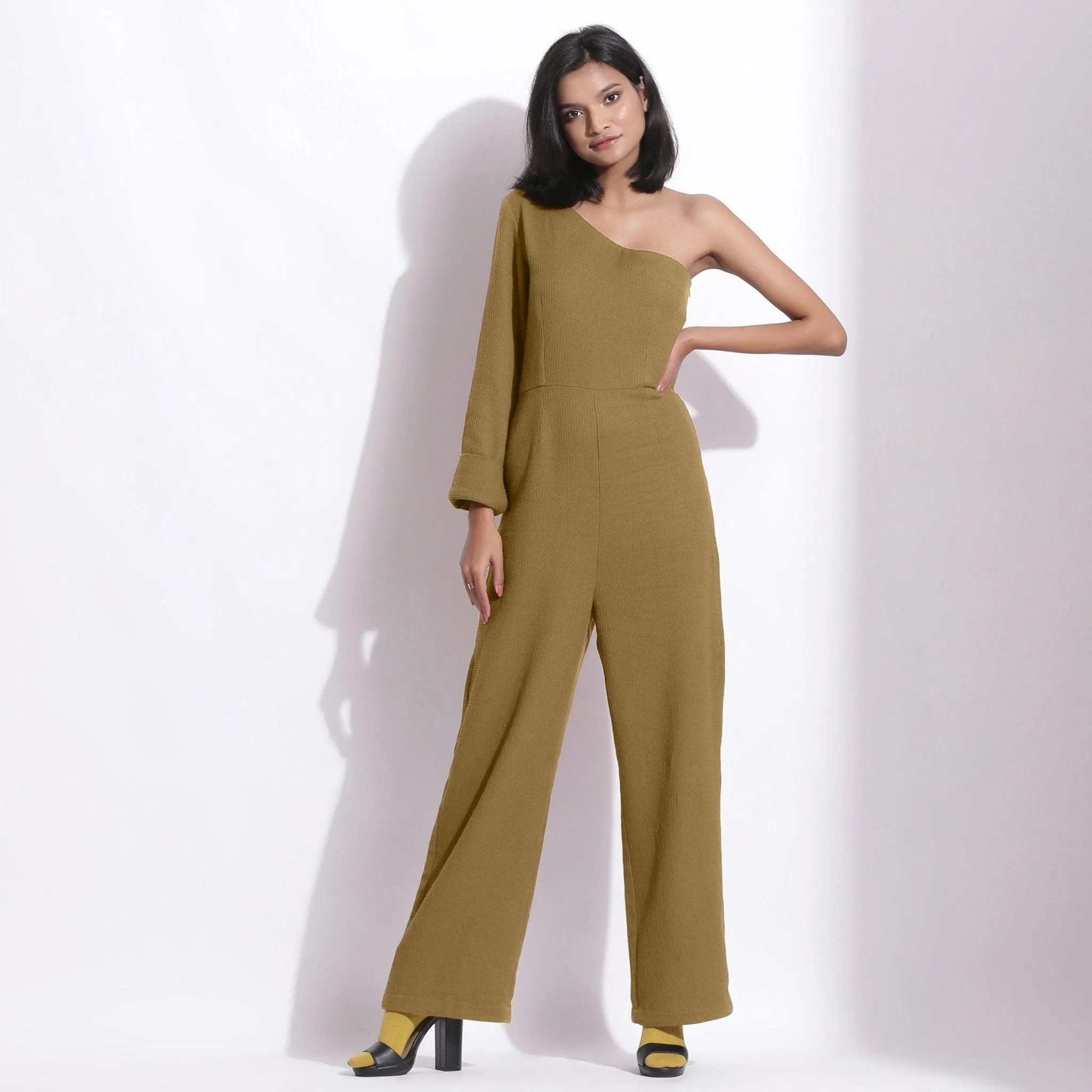 Olive Green Warm Cotton Waffle Ankle Length One-Shoulder Jumpsuit