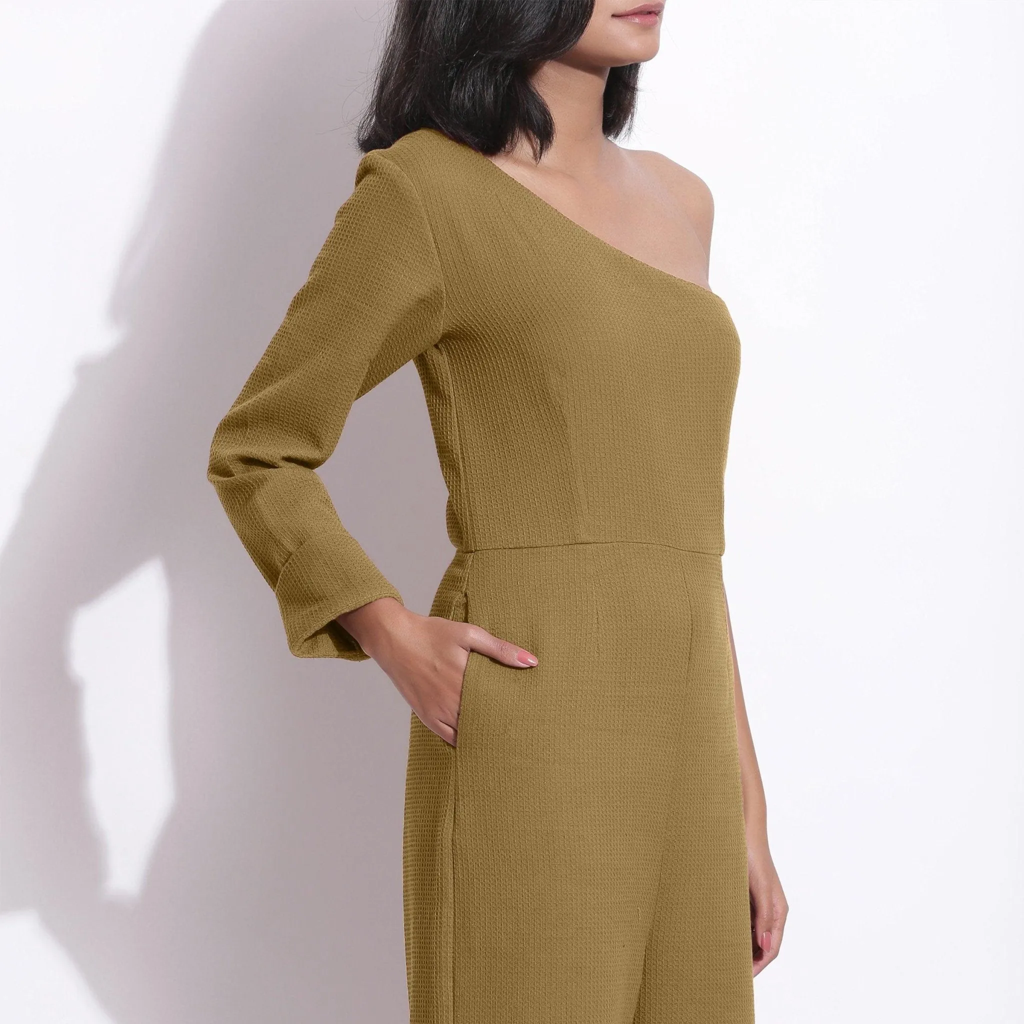 Olive Green Warm Cotton Waffle Ankle Length One-Shoulder Jumpsuit