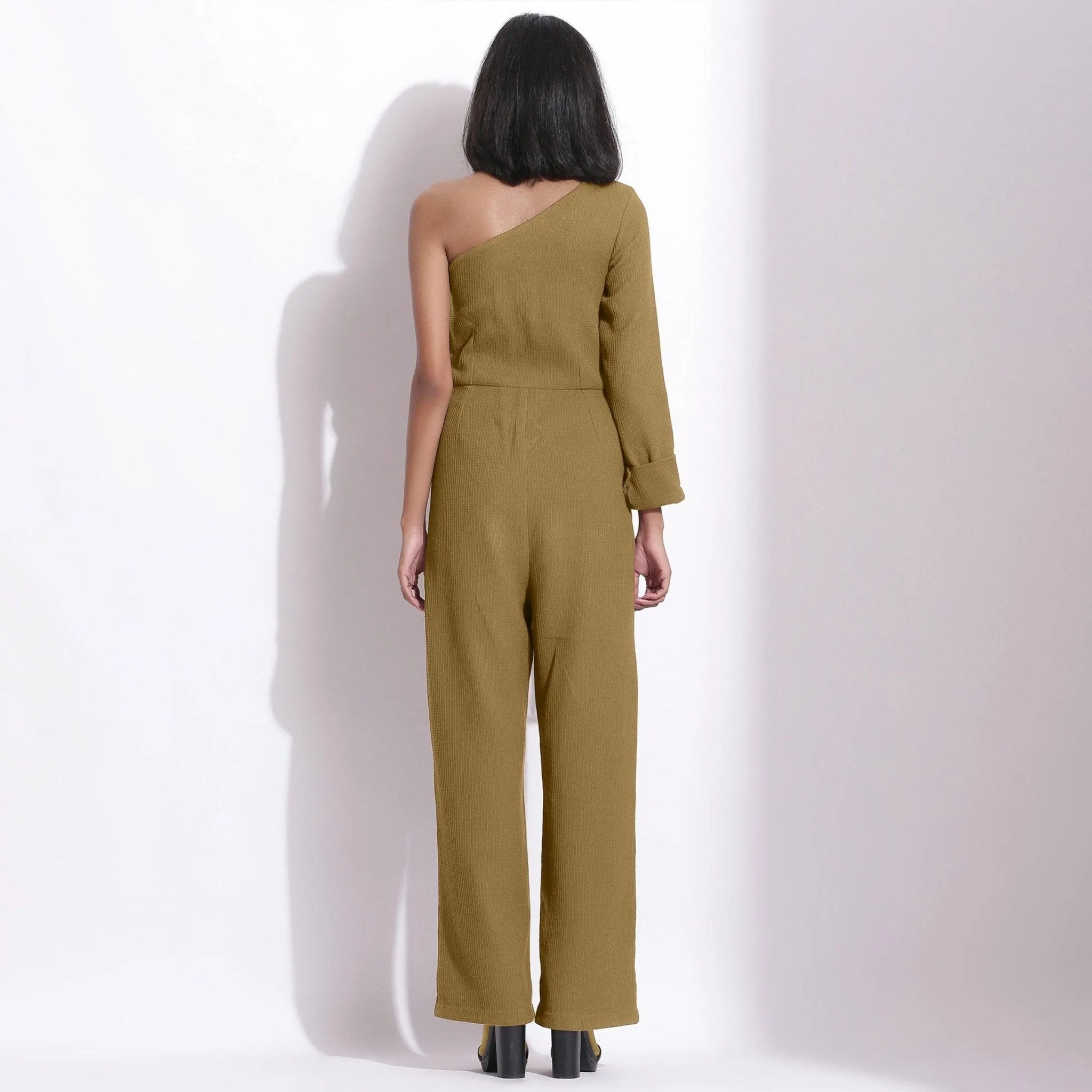 Olive Green Warm Cotton Waffle Ankle Length One-Shoulder Jumpsuit