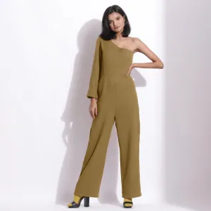 Olive Green Warm Cotton Waffle Ankle Length One-Shoulder Jumpsuit