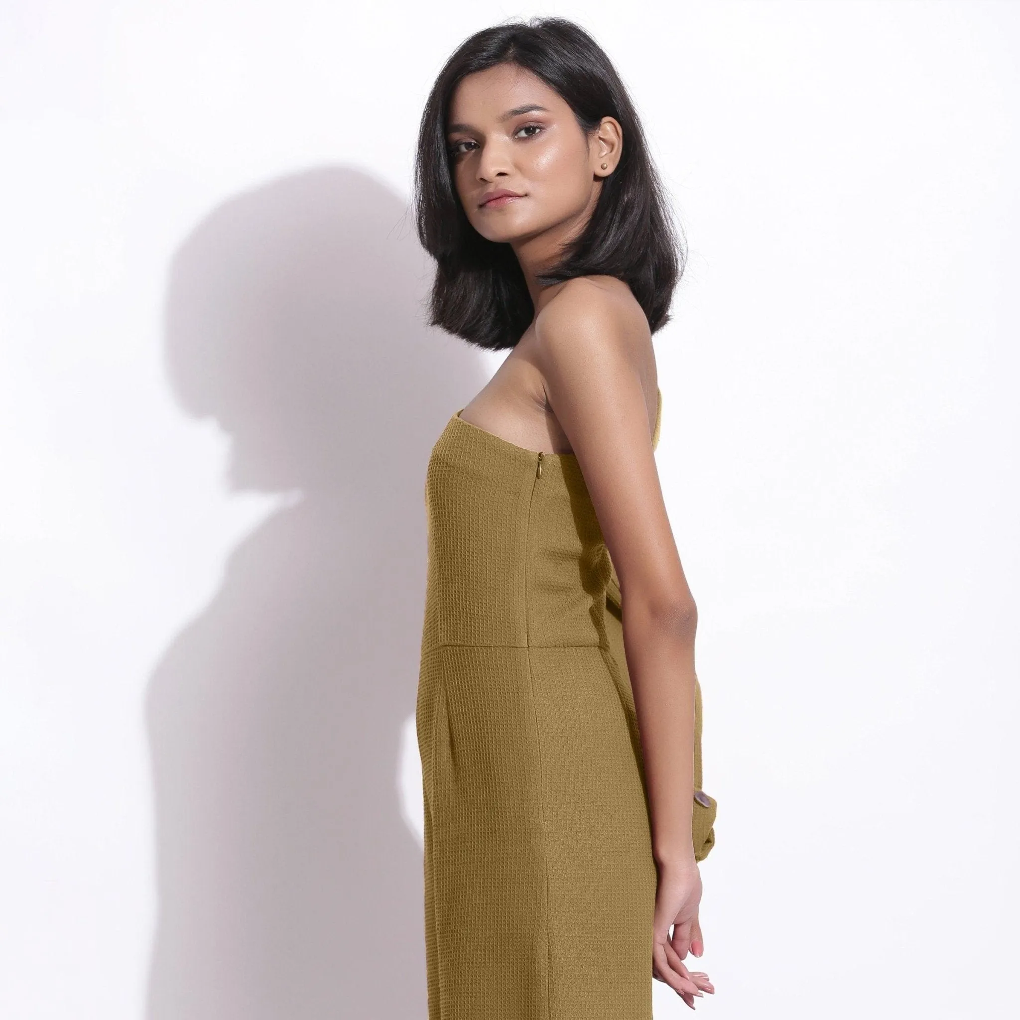 Olive Green Warm Cotton Waffle Ankle Length One-Shoulder Jumpsuit